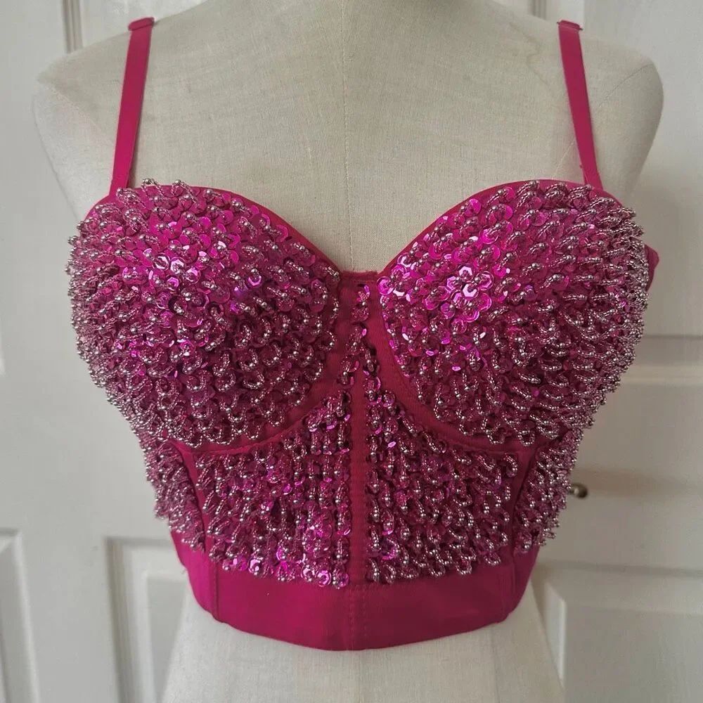 Hot Pink Sequin Beaded Bustier Crop Top Medium 38C